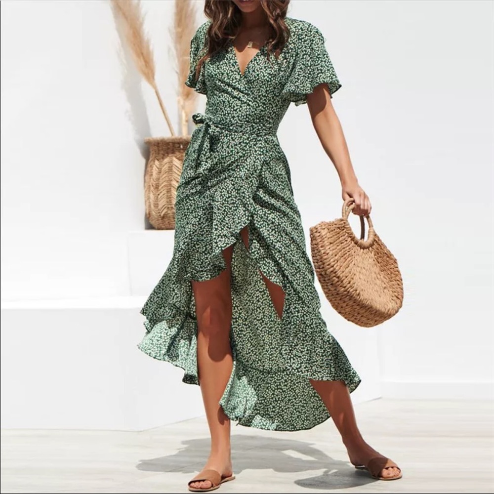 NWT Boho Green Floral V-Neck Ruffle Maxi Dress - Picture 2 of 13